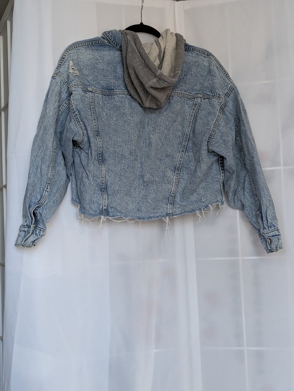 American Eagle Outfitters Light Blue Washed Denim Jacket with Gray Hood